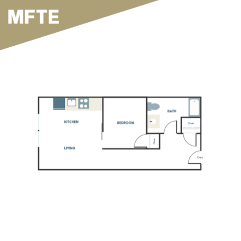 A floor plan of a small apartment with a kitchen, living room, and bedroom.